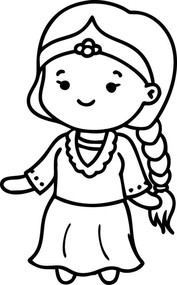 Cute Cartoon Girl Character with Braided Hair Perfect for Coloring Books and Crafts vector
