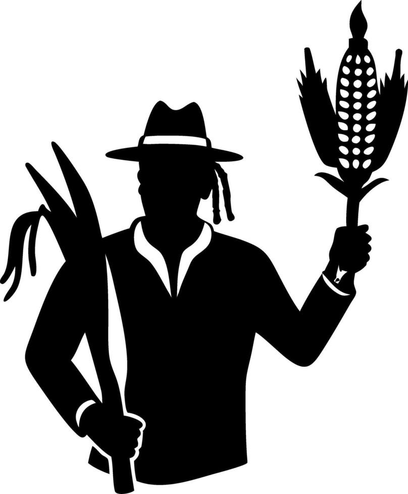 Silhouette of a Farmer Holding Corn and Plant Stalk Representing Agriculture and Harvest vector