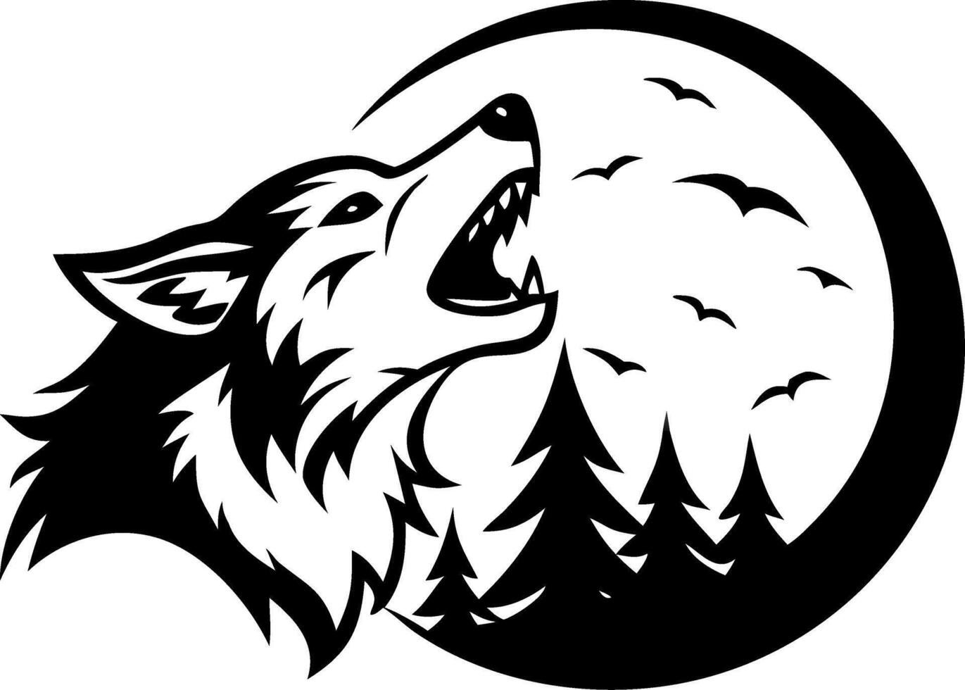 Majestic Howling Wolf Silhouette Within Moon and Pine Forest Scene for Tattoo or Artwork Design vector