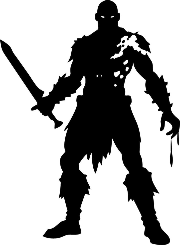 Menacing Warrior Silhouette Holding Sword with Dramatic Pose for Fantasy Art and Tattoos vector