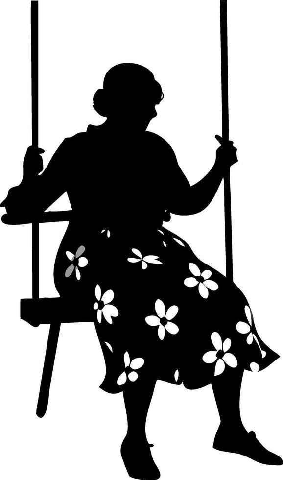 Elegant Silhouette of a Grandmother on a Swing in Floral Dress for Creative Designs vector