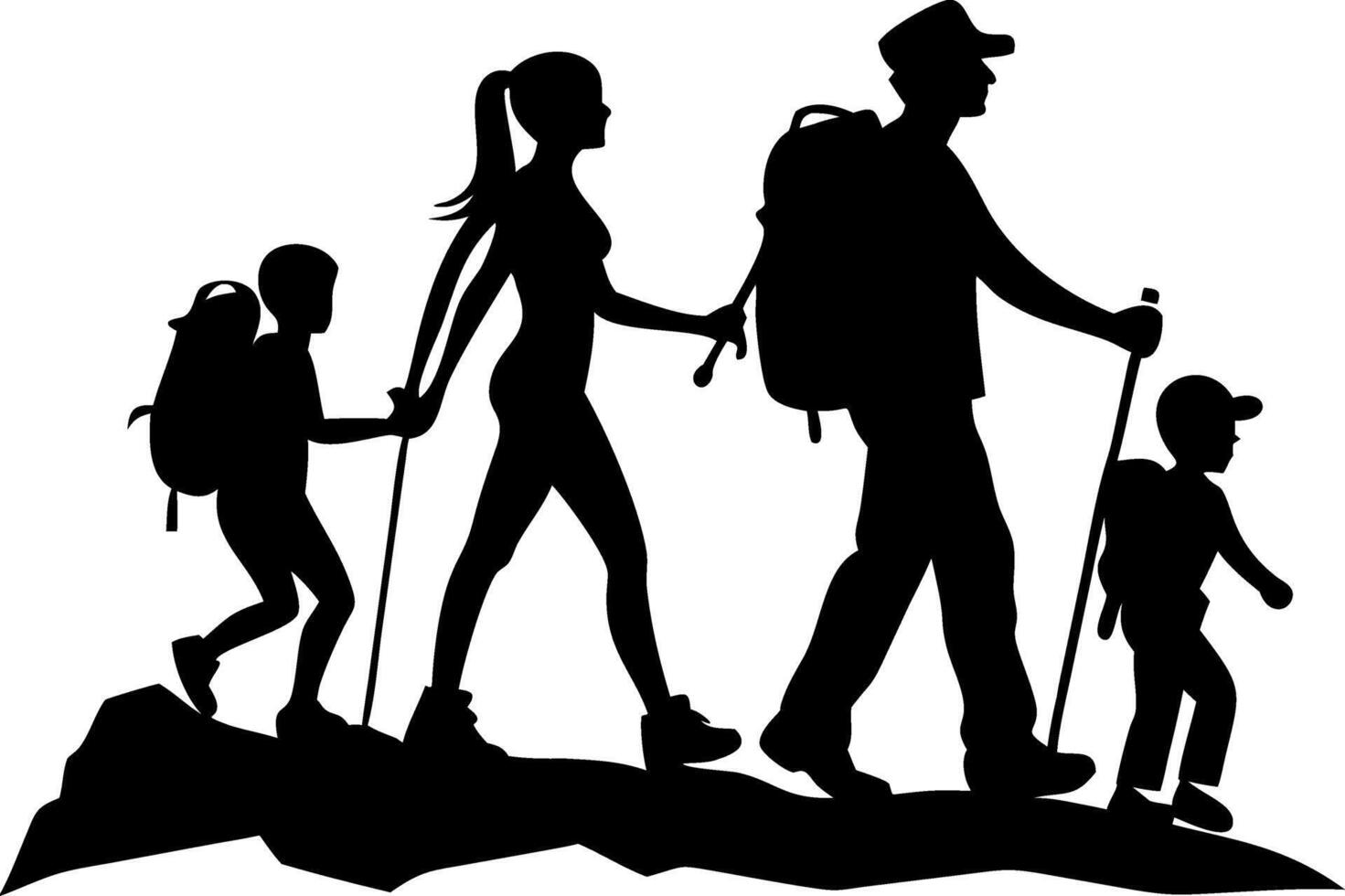 Family Hiking Adventure Silhouette with Children and Parents on Nature Trail vector
