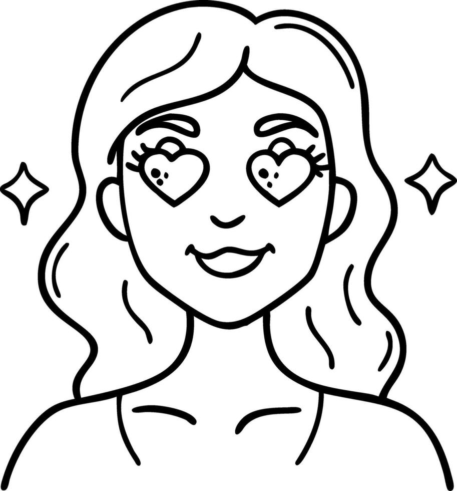 Charming Girl with Heart Eyes and Sparkles Cute Illustration for Coloring and Tattoo Designs vector