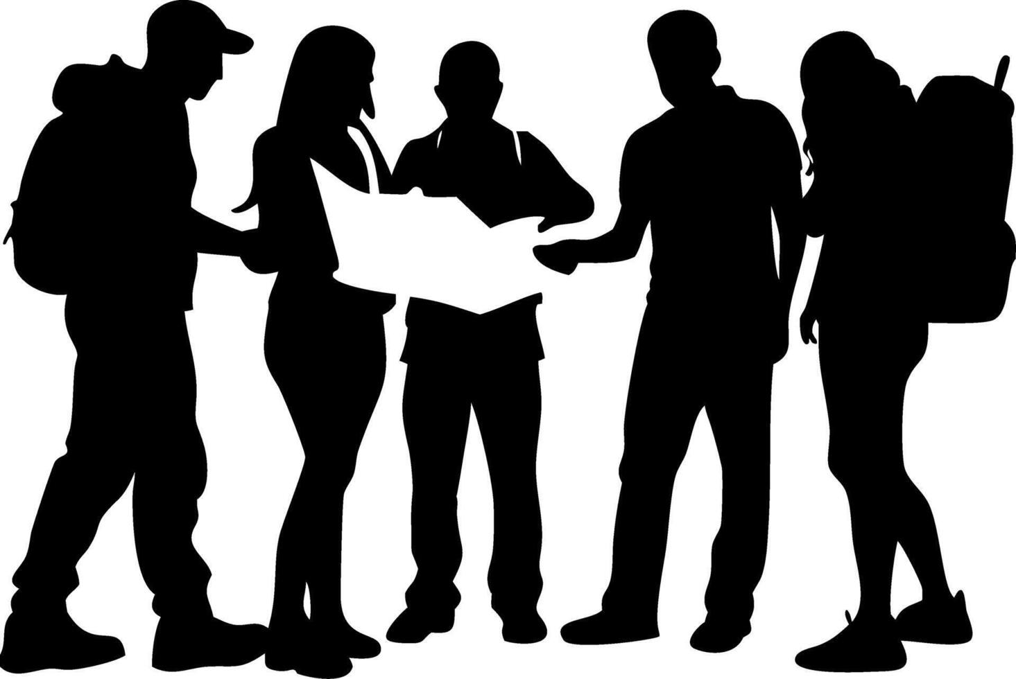 Group of Travelers Looking at Map Silhouette Illustration for Adventure Planning vector