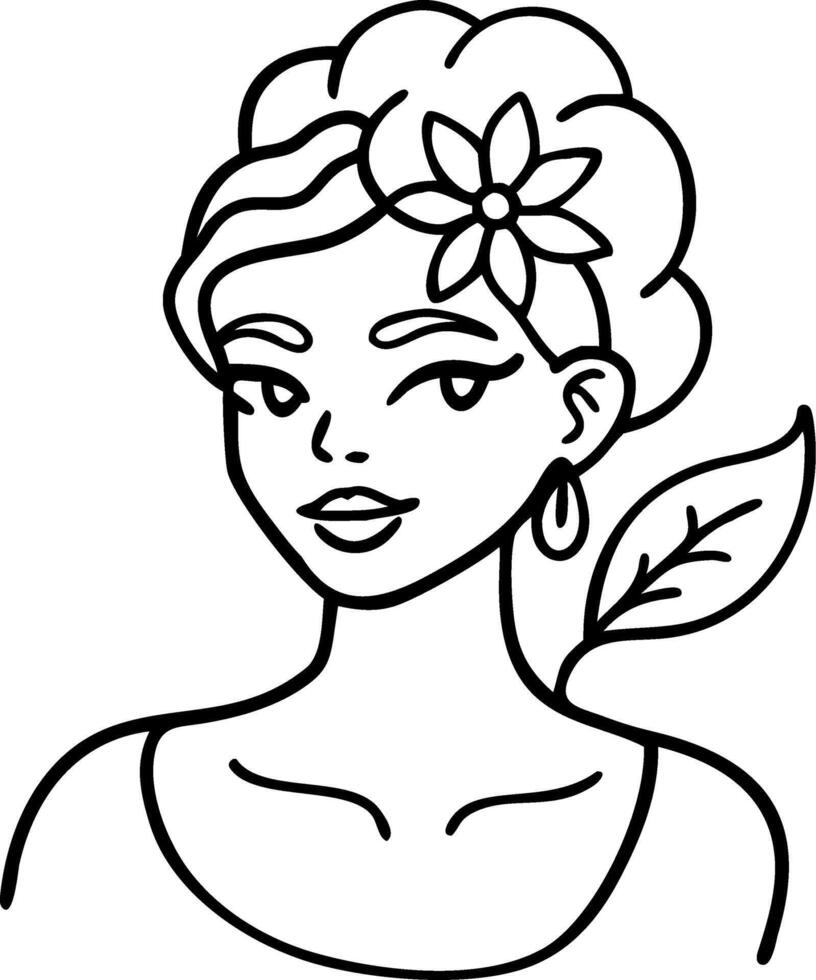 Stylized Portrait of a Woman with Flower Hair and Leaf Accent Ideal for Tattoos and Art Projects vector