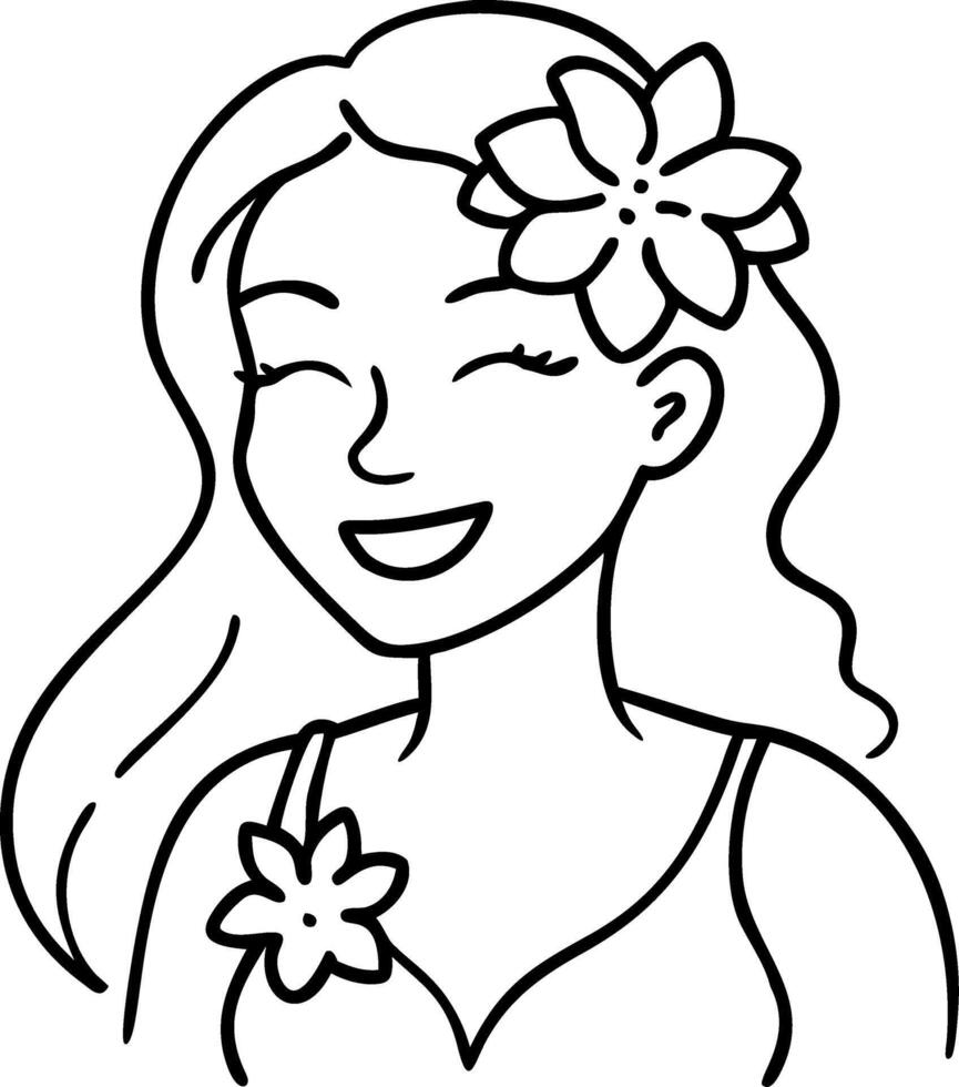 Cheerful Cartoon Woman with Flowers Smiling for Coloring Pages and Tattoo Designs vector