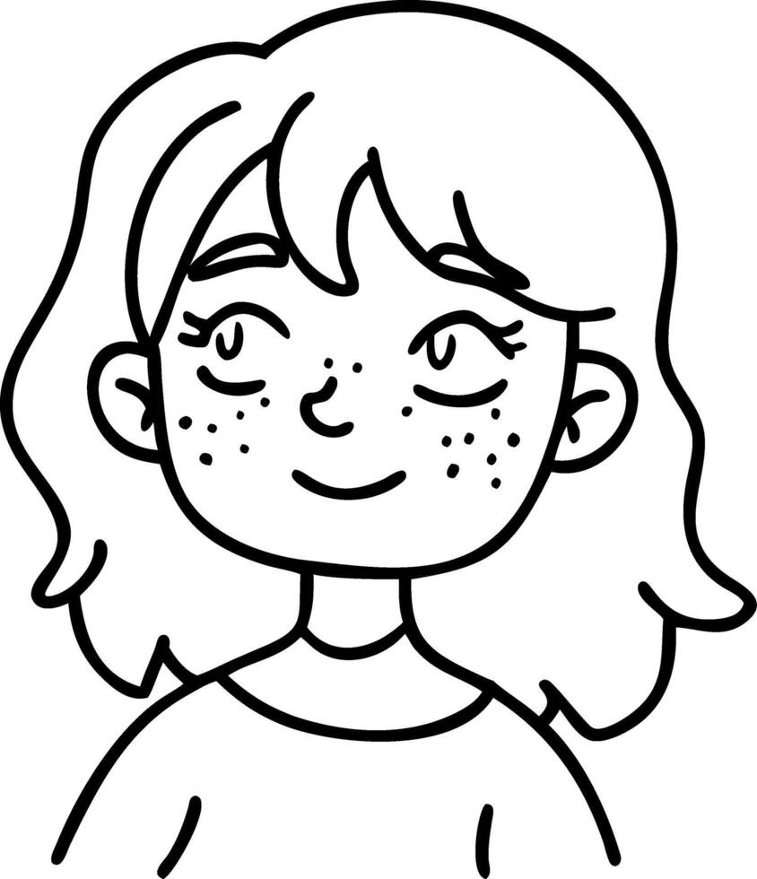 Cheerful Girl Illustration with Freckles and Wavy Hair Perfect for Coloring and Design Projects vector