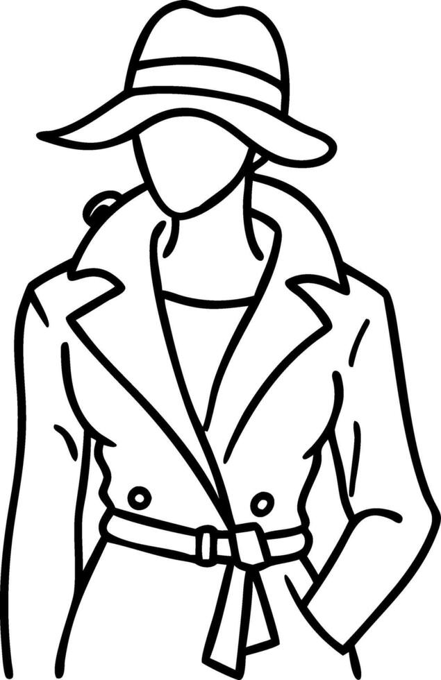 Stylish Woman in Classic Trench Coat and Hat Outline for Fashion Illustration Projects vector