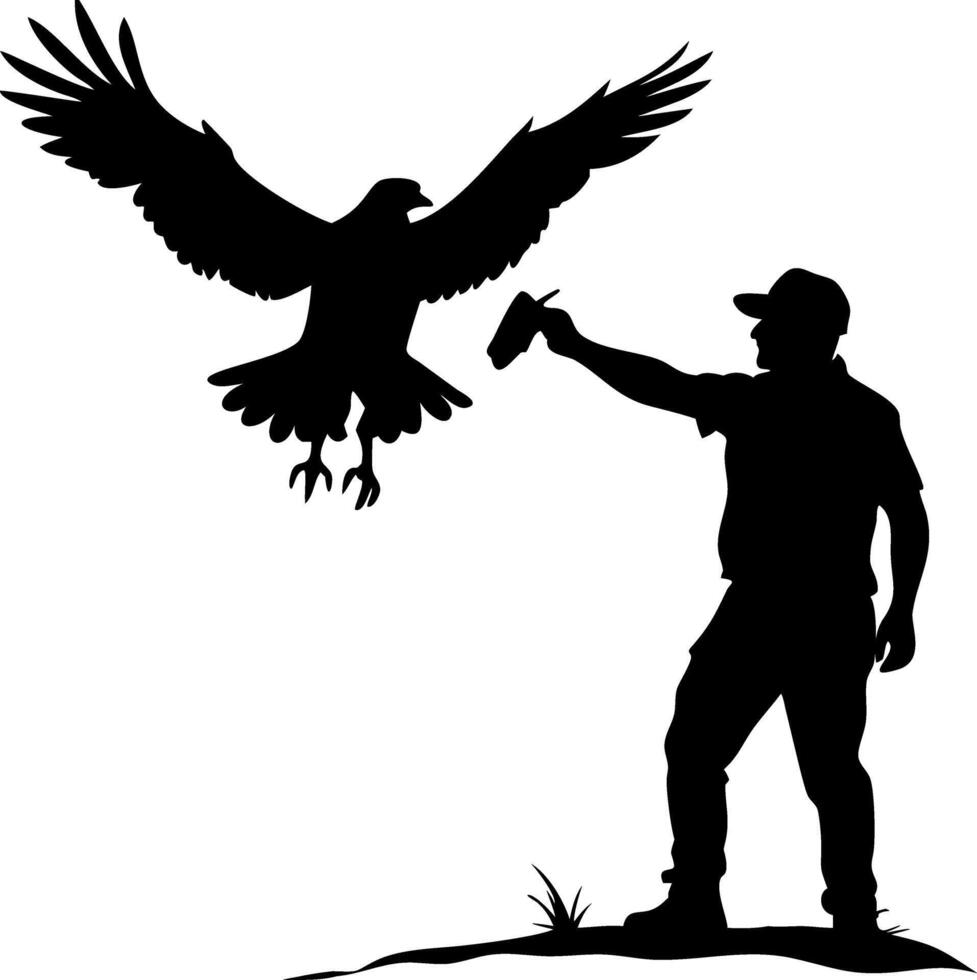 Falconry Enthusiast Training Bird with Outstretched Wings Silhouette Design for Art Projects vector