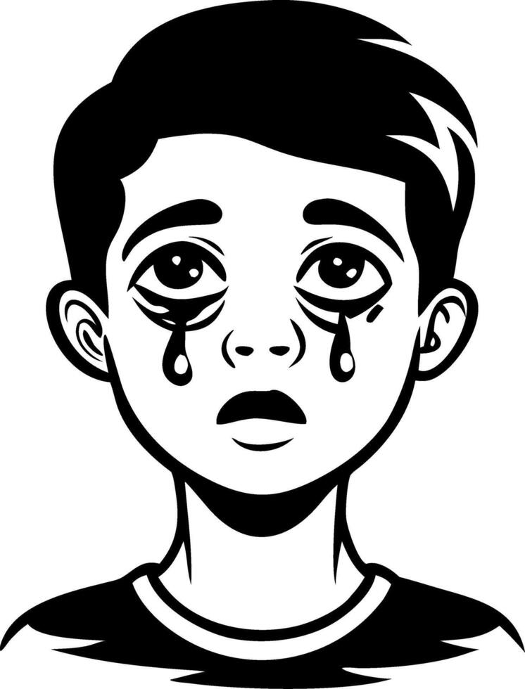 Emotional Black and White Illustration of a Sad Boy with Tears for Tattoo Design vector