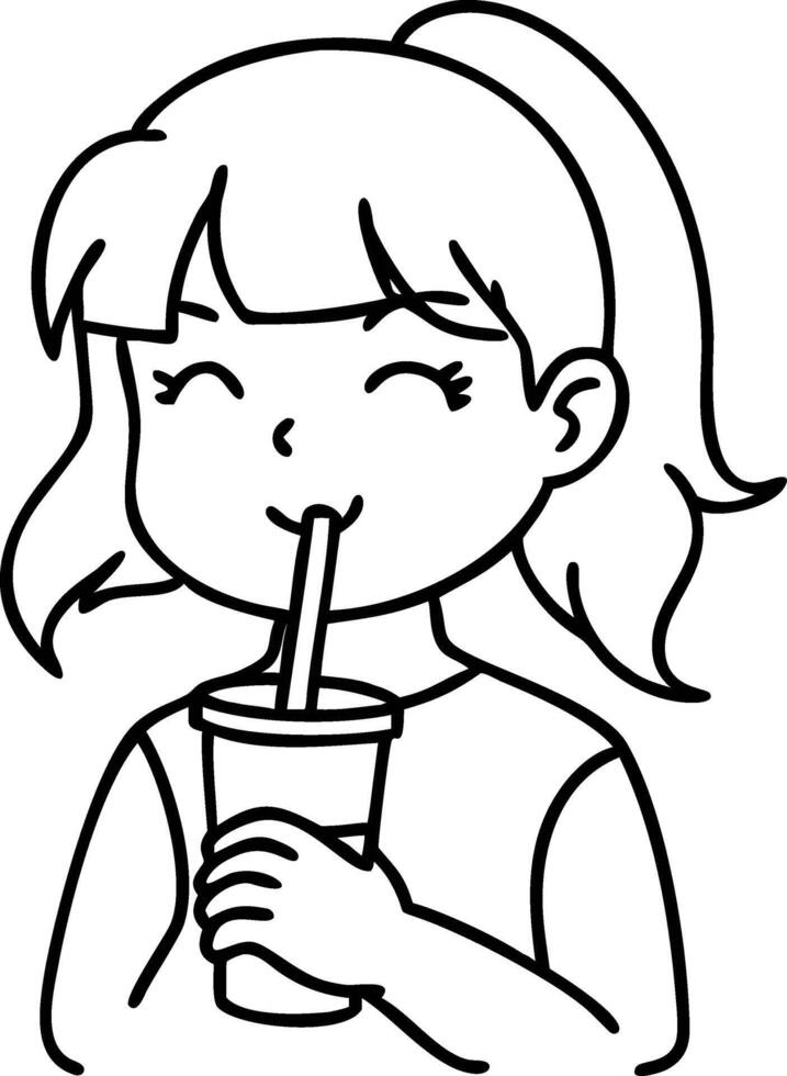 Happy Girl Enjoying a Drink Illustration for Kids Coloring Book and Crafting Projects vector
