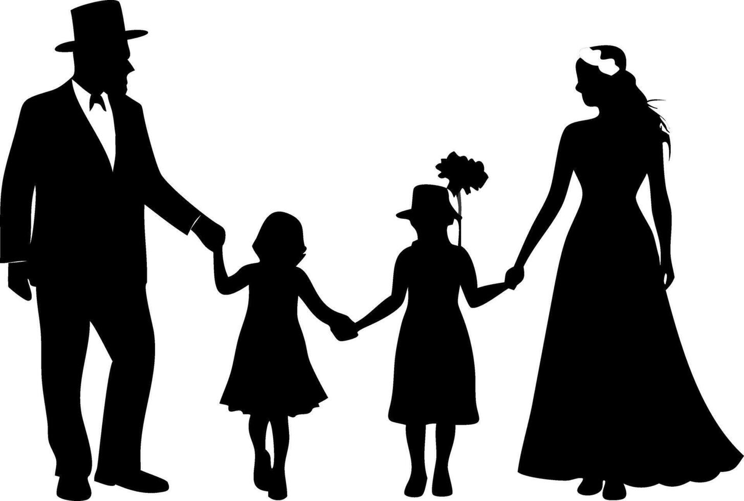 Silhouette Family Portrait with Bride and Two Girls Holding Hands for Wedding Invitations vector