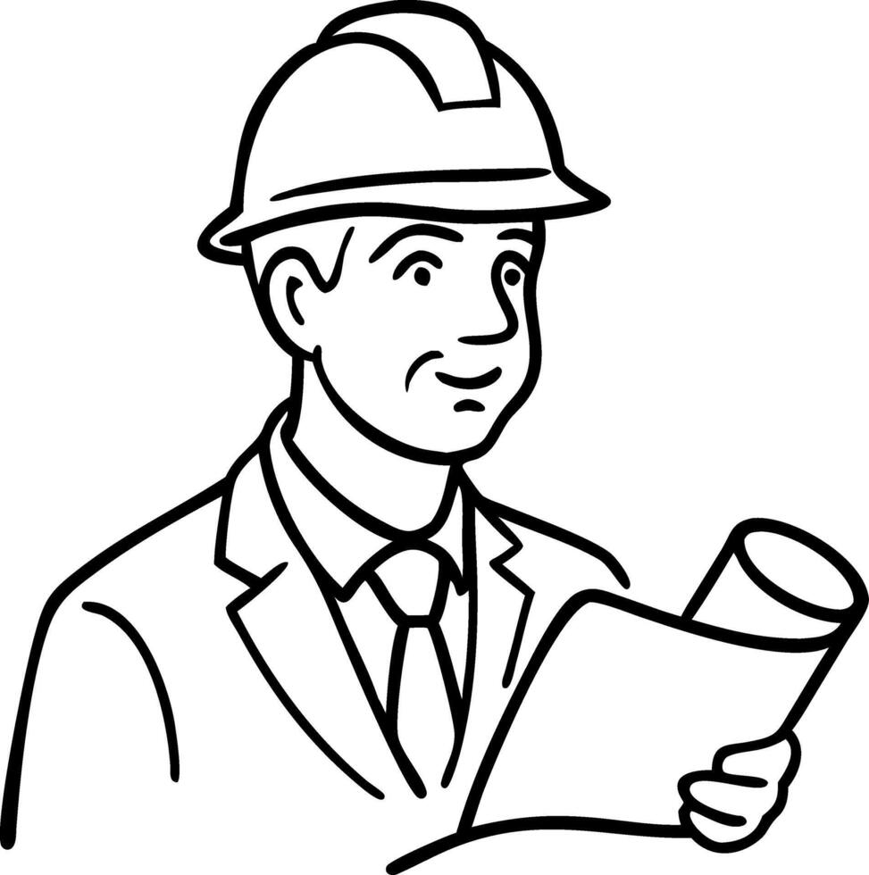 Confident Construction Manager Holding Blueprint in Hard Hat Professional Illustration vector