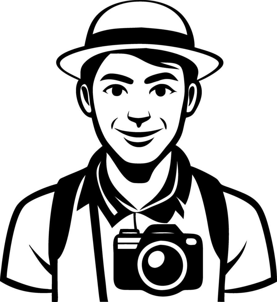 Smiling Male grapher with Camera and Hat Ideal for Travel Content Creation vector