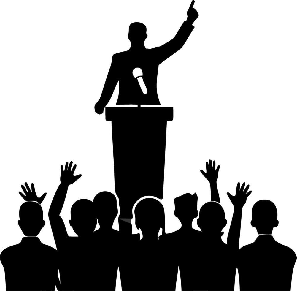 Dynamic Speaker Engaging Audience with Raised Hands in Silhouette Illustration vector