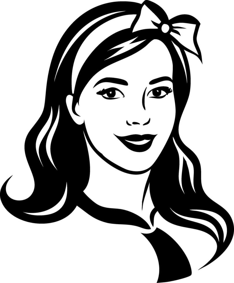 Charming Retro Woman Portrait with Bow Ideal for Tattoo Designs and Coloring Books vector