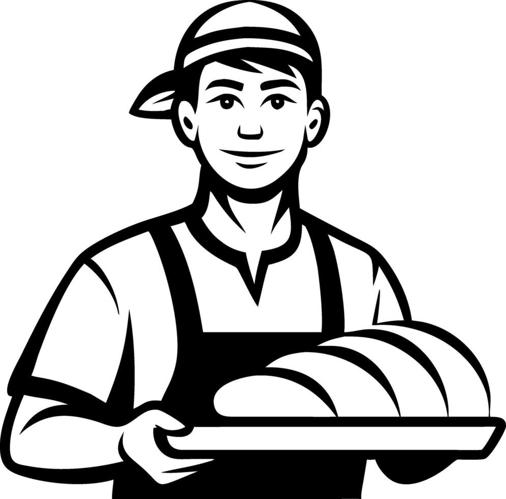 Friendly Baker Holding Freshly Baked Bread Loaves Ideal for Culinary Branding and Illustrations vector