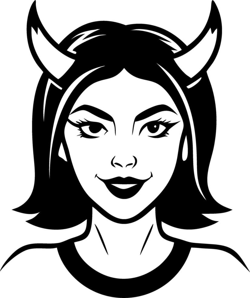 Stylish Female Character with Horns Modern Illustration for Tattoos and Merchandise vector