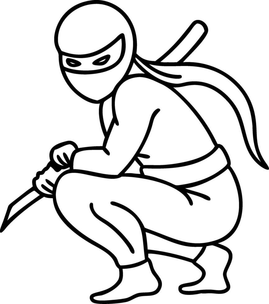 Ninja Warrior Silhouette with Sword in Crouching Pose for Tattoo Design and Coloring Book vector