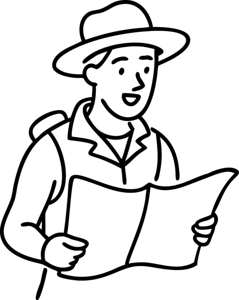 Enthusiastic Hiker with Map Exploring Nature Adventure Outdoor Activities Illustration vector