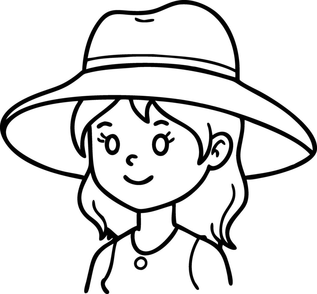 Cute Girl with Wide Brim Hat Cartoon Character for Coloring Book Tattoo Design vector