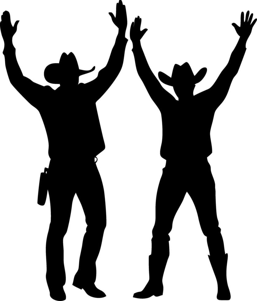 Silhouette of Two Cowboys with Raised Hands Celebrating Western Culture and Freedom Spirit vector
