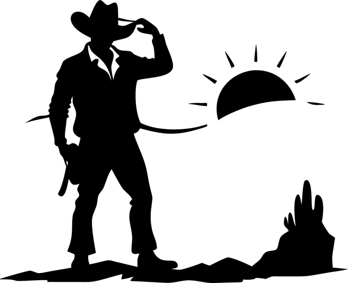 Cowboy Silhouette Against Sunset Ideal for Western Themed Decor or Apparel Design vector