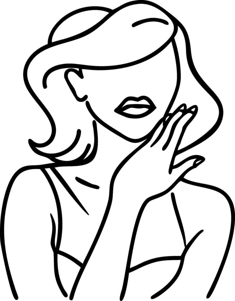Elegant Line Art Portrait of a Woman with Long Hair and Posed Hand Gesture for Creative Projects vector