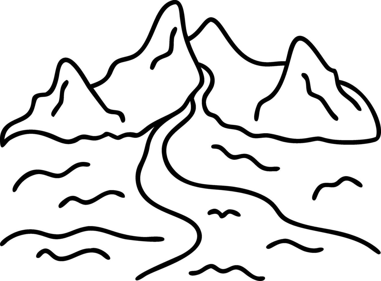 Mountain Landscape with Winding River Simple Line Art for Coloring Pages and Tattoos vector
