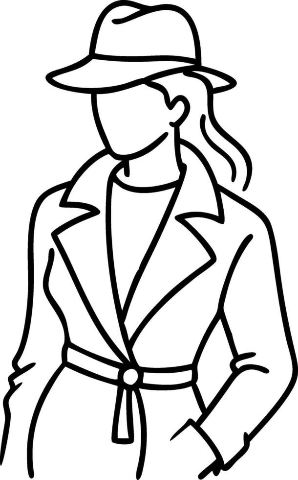 Elegant Woman in Stylish Hat and Coat Outline for Coloring and Tattoo Design vector
