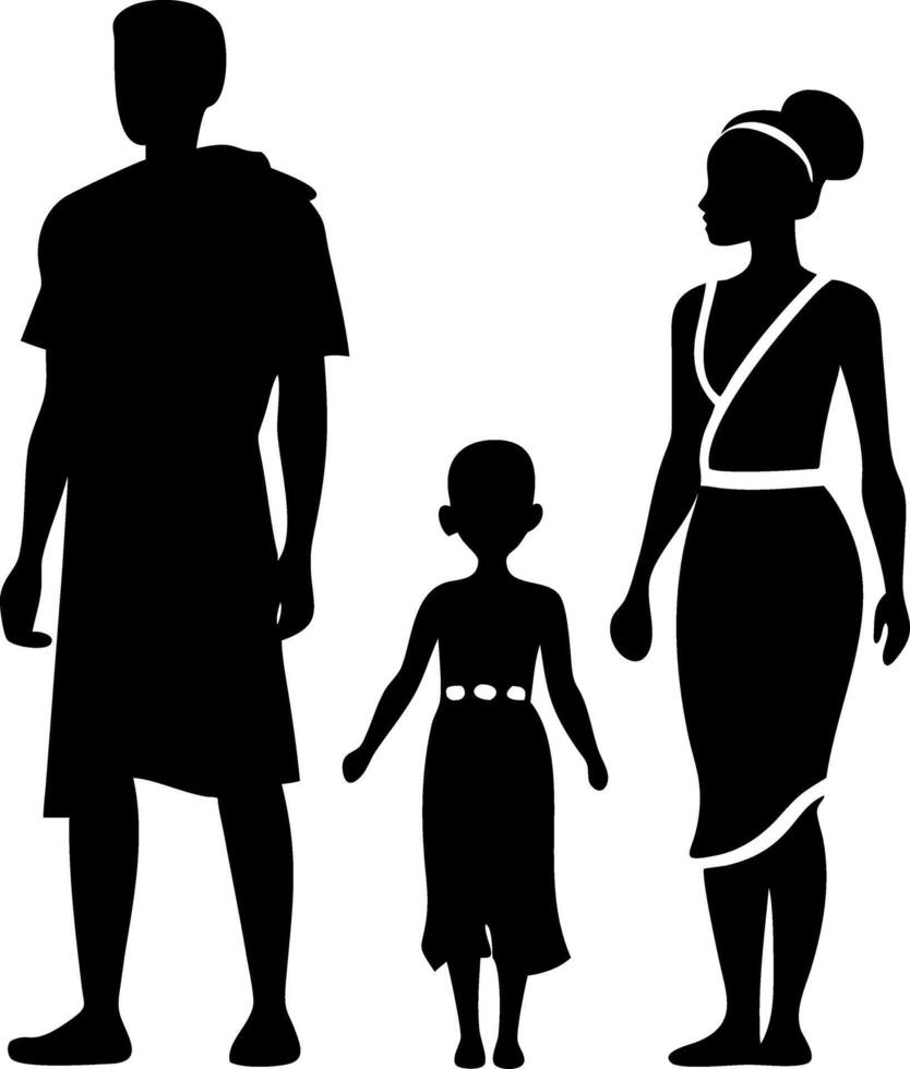 Silhouette Family Portrait of Three Figures Including Man Woman and Child in Traditional Attire vector