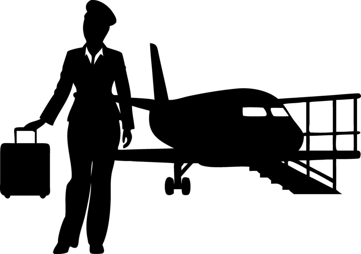 Airline Pilot Silhouette with Luggage and Airplane at Airport Terminal for Travel Themes vector