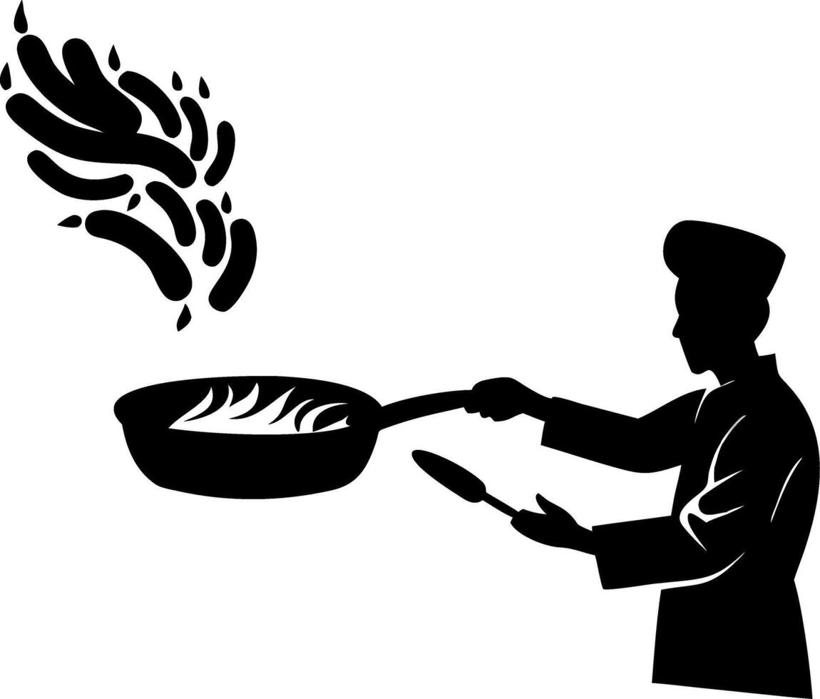 Chef Cooking with Pan and Flames in Stylish Art for Culinary Designs vector