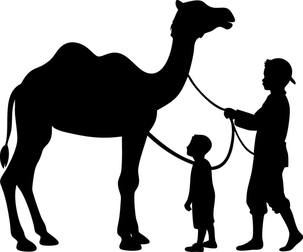 Camel Silhouette with Children Holding Leashes Ideal for Educational Illustrations vector
