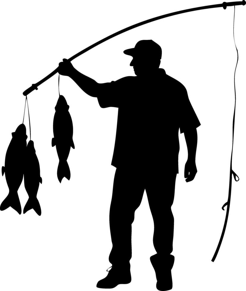 Silhouette of a Fisherman Holding Caught Fish with Fishing Rod for Outdoor Sports Design vector