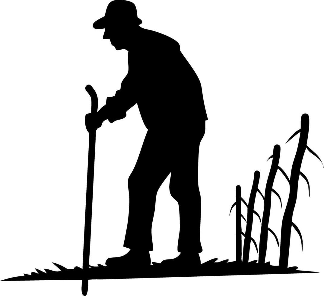 Silhouette of a Farmer Walking with a Cane Amongst Sprouting Crops for Nature and Agriculture Designs vector
