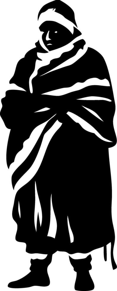 Person Wearing Traditional Cloak and Hat Standing in a Winter Landscape vector
