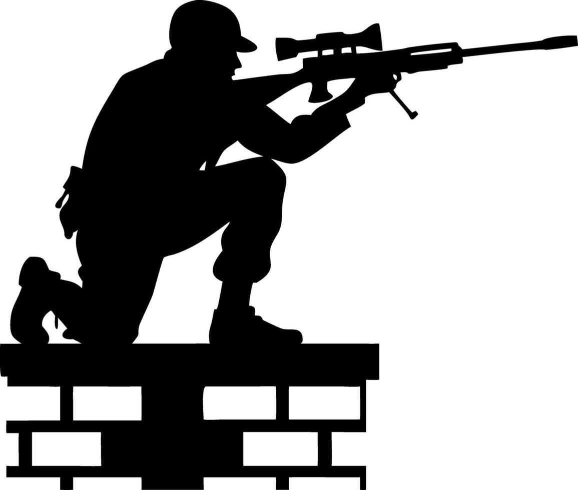 Kneeling Sniper with Rifle on Rooftop Silhouette Design for Tactical Art and Decor vector
