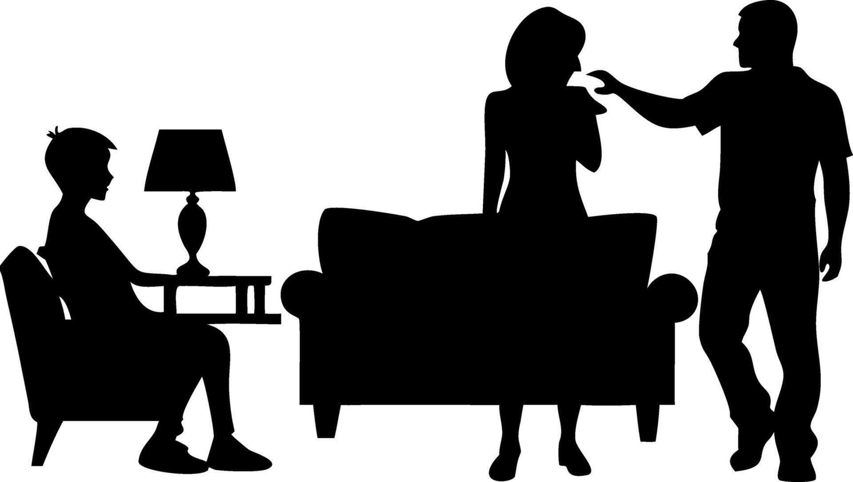 Family Interaction Scene with Silhouette of Man Woman and Boy at Home with Sofa and Lamp vector