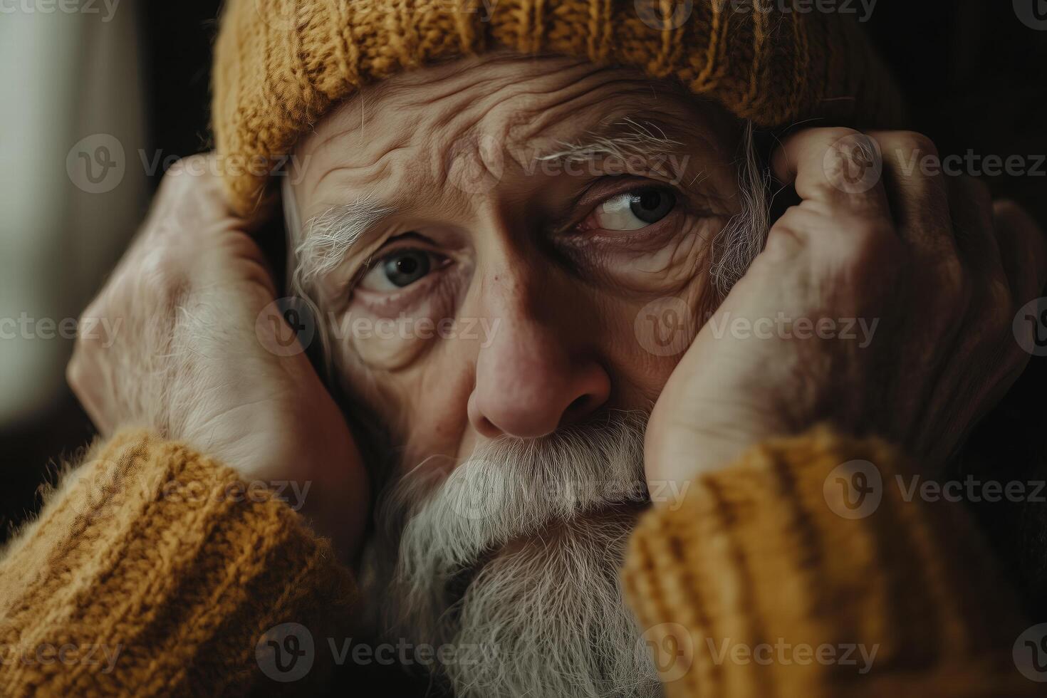An old man with a beard and a yellow hat photo