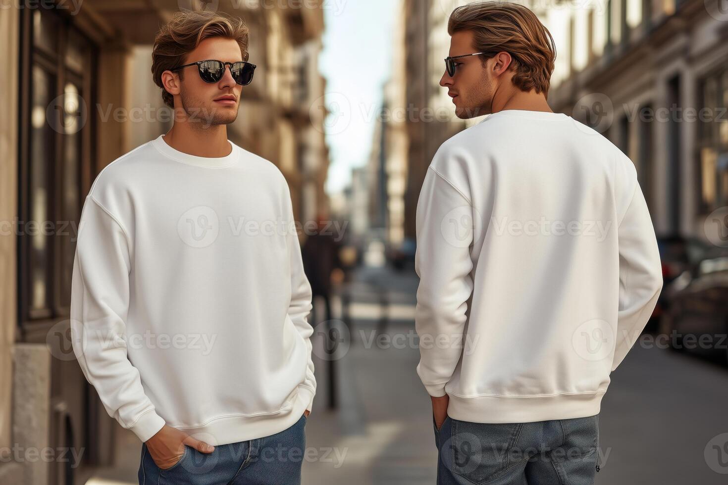 Two men wearing white sweatshirts standing on a city street photo