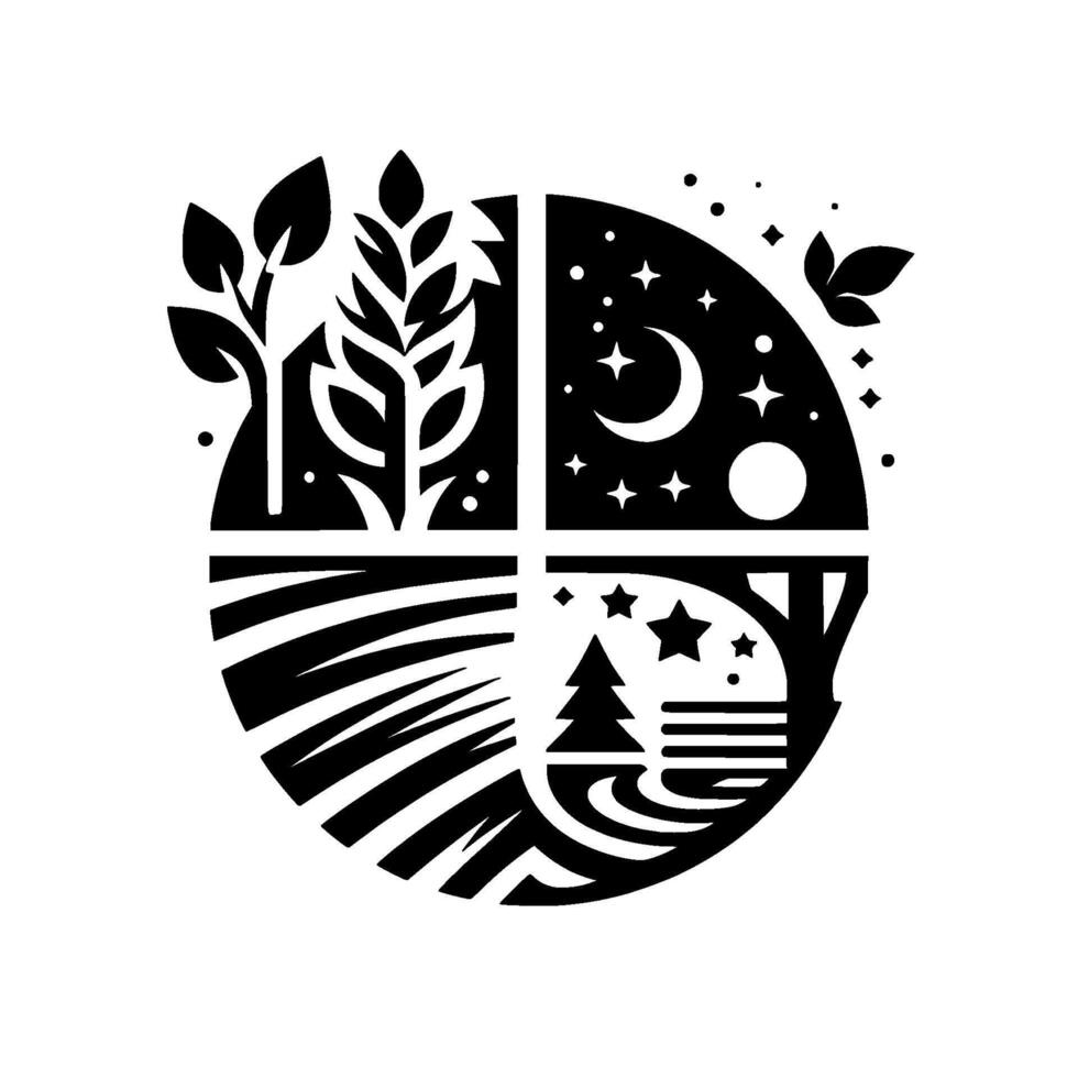 Black and white naturethemed illustration in a circle, divided into four quadrants, depicting leaves, fields, the night sky, and trees. vector