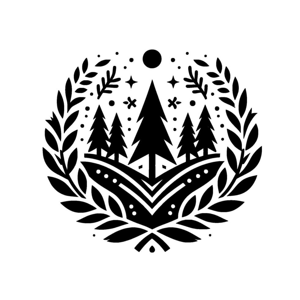 A monochromatic illustration of a naturethemed emblem, featuring evergreen trees, a moon, stars, and a laurel wreath border, exuding a peaceful and rustic ambiance. vector