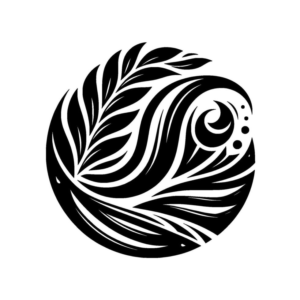 A stylized black and white circular , featuring organic elements like leaves and swirling lines, suggestive of nature and modern art. vector