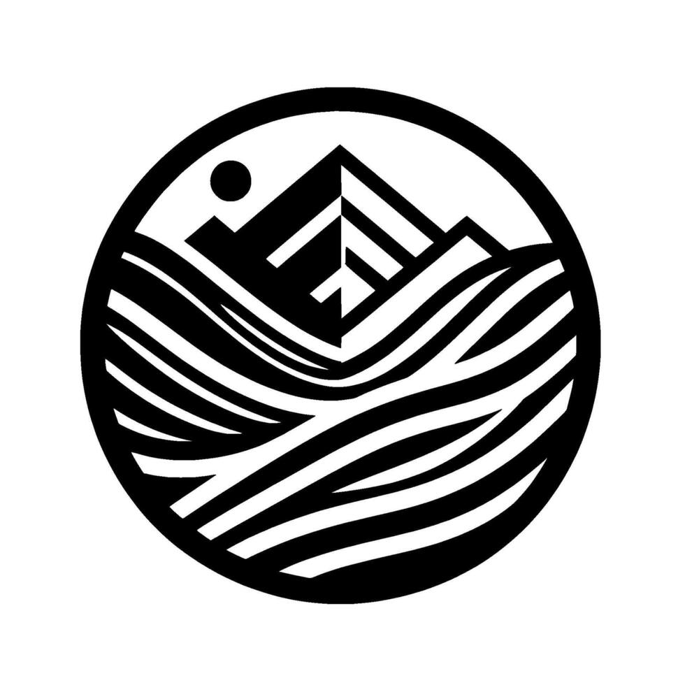 Bold Black White Circular Depicting Mountain Peaks Flowing Waves, Evoking Serenity and Natural Elements. vector
