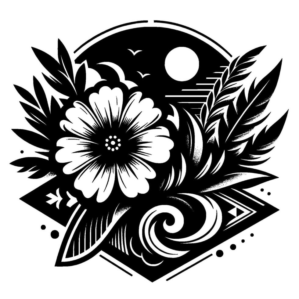 Intricate black and white floral with elements of nature set in a stylized geometric arrangement. vector