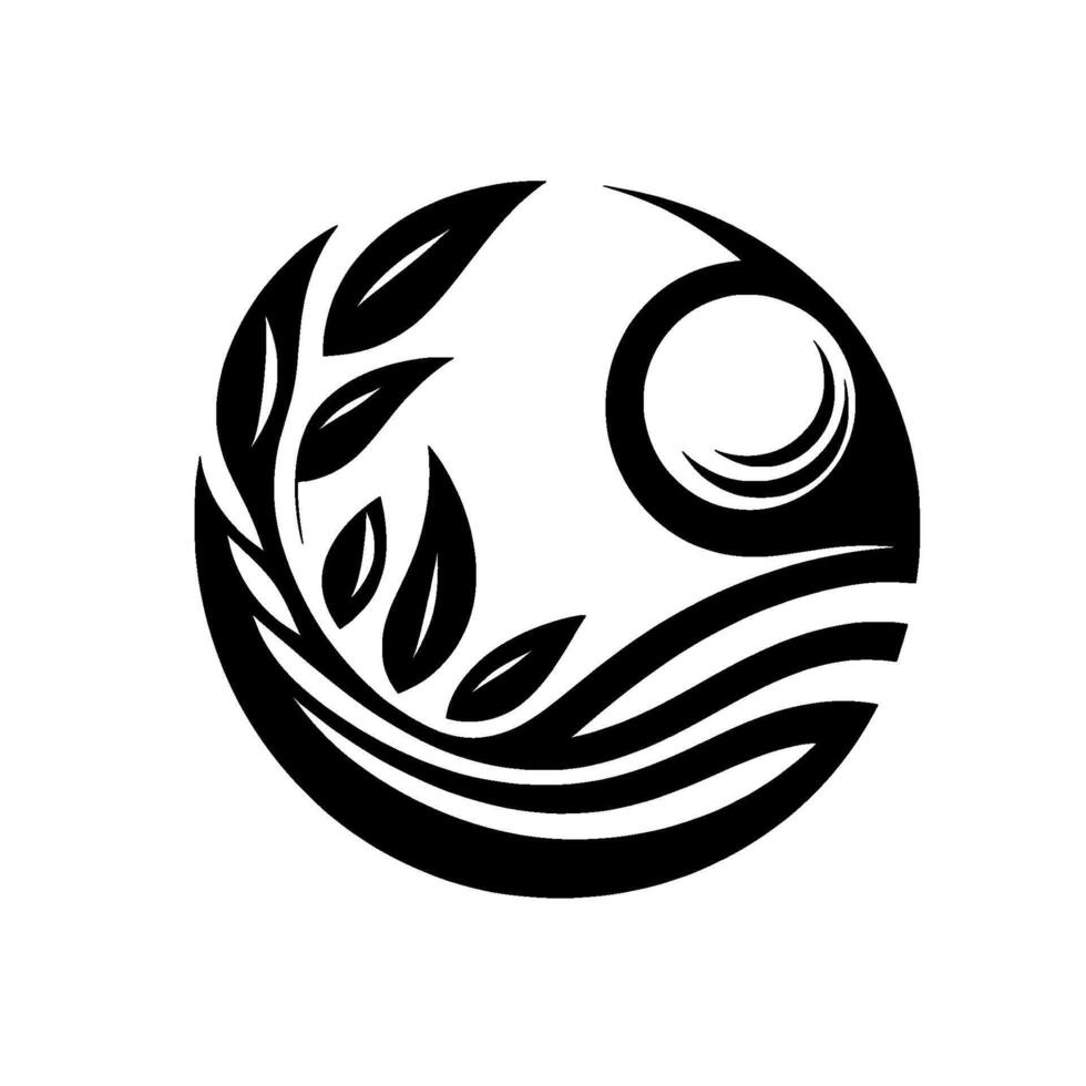 Abstract black and white circular with stylized leaves, a crescent moon, and wavy lines, representing nature, balance, and serenity. vector