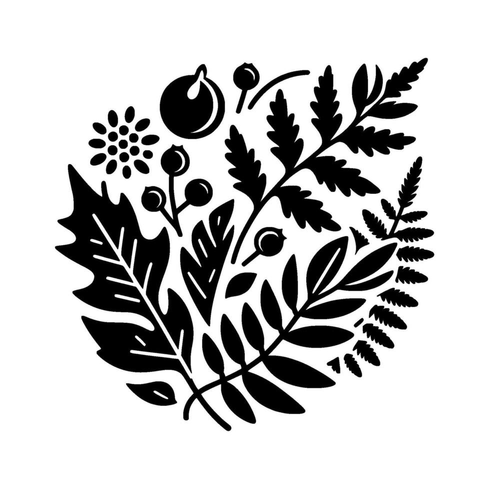 A stylized, black and white botanical arrangement featuring leaves, berries, and a floral element, set against a minimalist background. vector