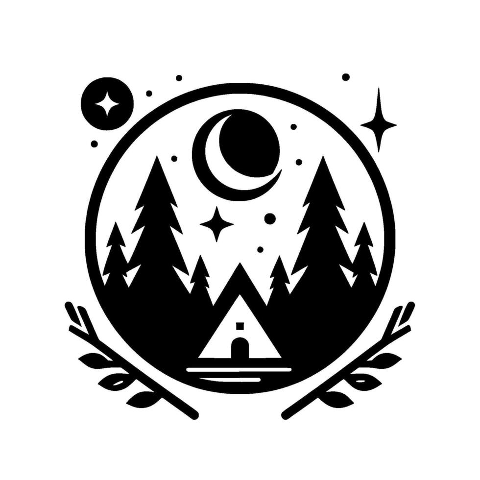 Stylized Monochrome Camping Scene Circle Depicting Tent Amidst Pine Trees Under Crescent Moon and Stars, with Leafy Sprigs. vector