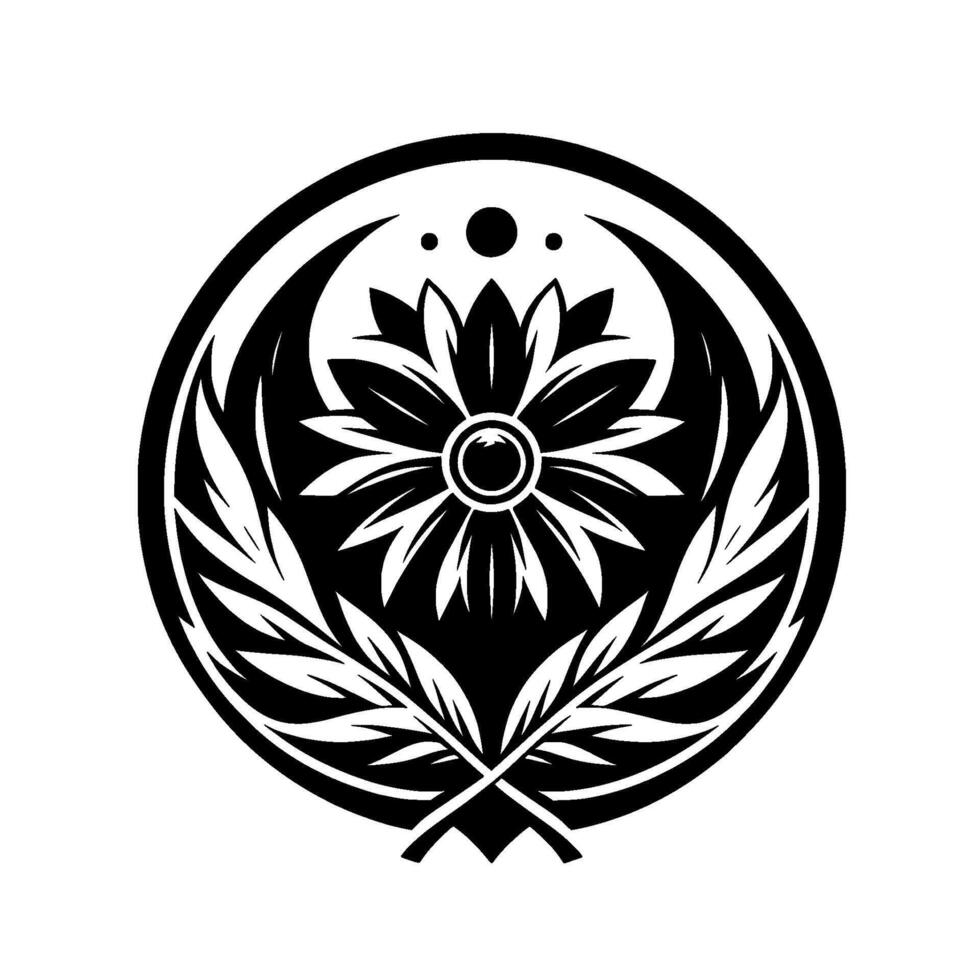 Elegant Monochrome Floral Emblem with Detailed Petals, Circular Frame, and Crossed Leaf Branches, Symbolic . vector